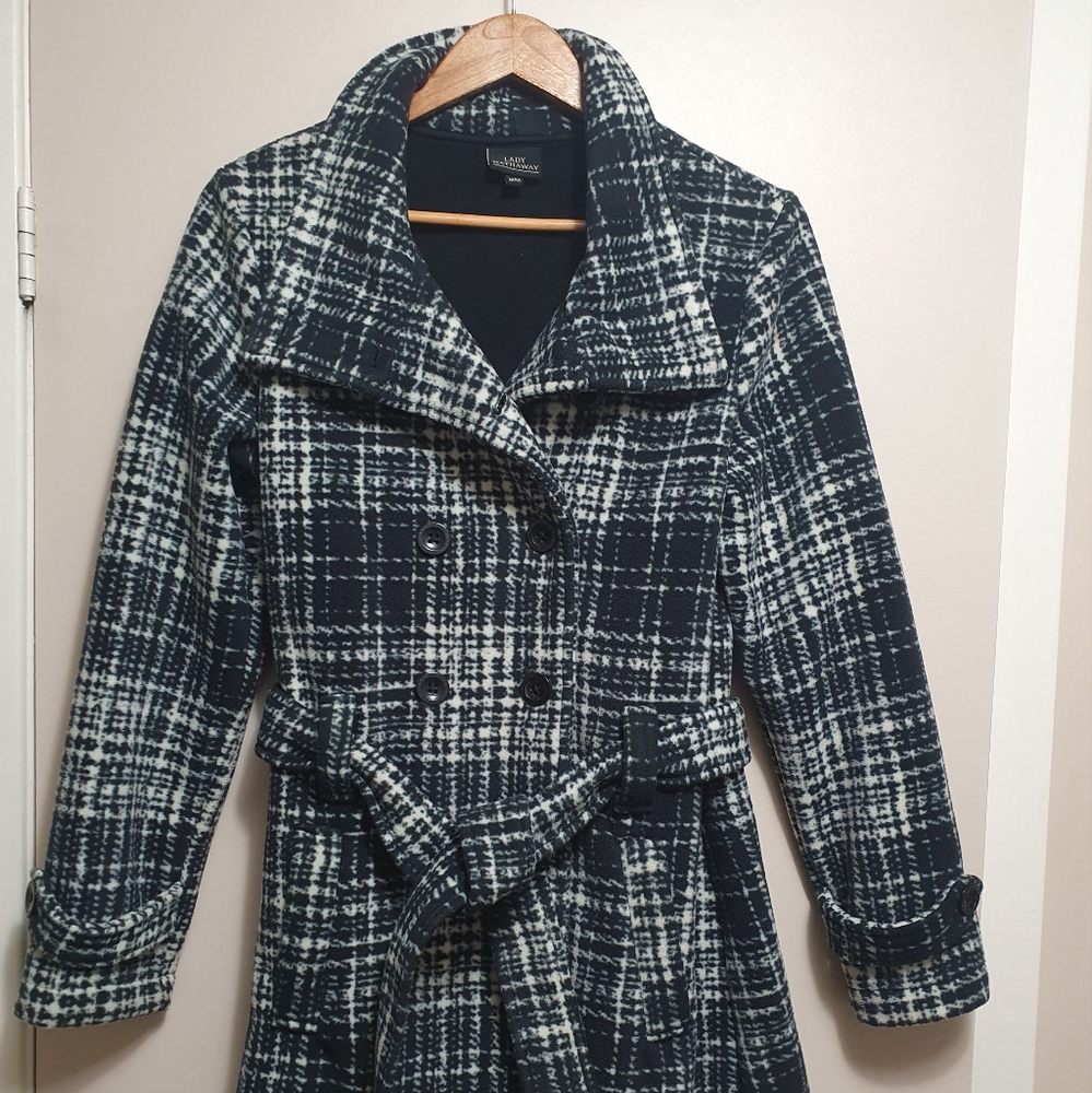 Black Plaid Belted Peacoat